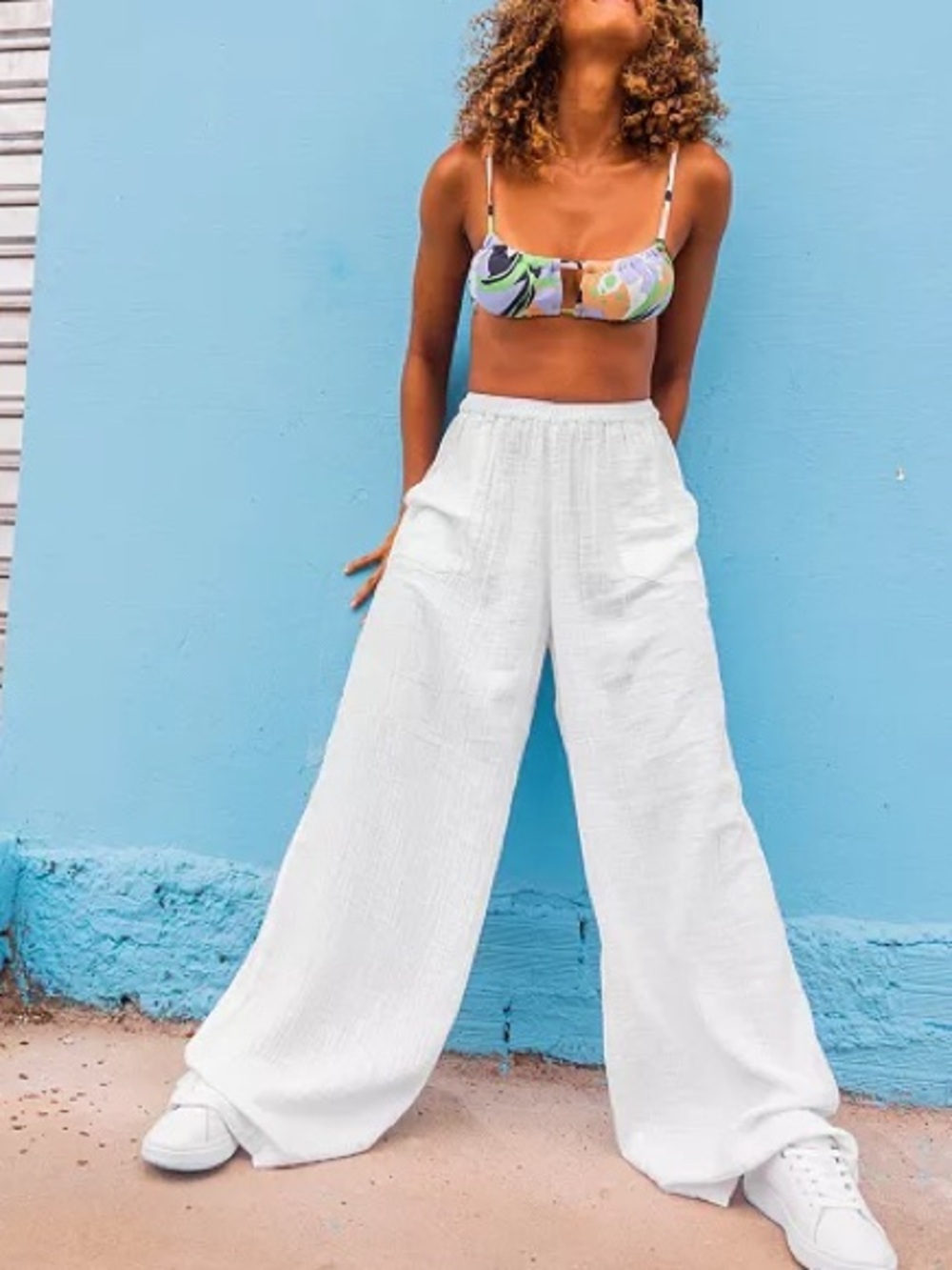 Roxy Wide-Leg Beach Pants — Solid White with Crochet Side — Size M